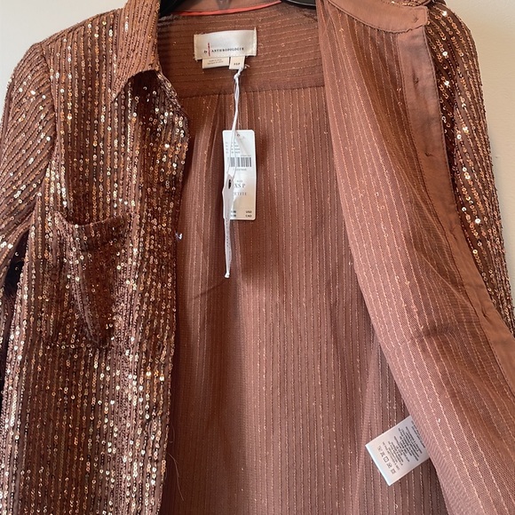 Anthropologie Bronze Sequin Blouse $130 Top XS Small Petite L/S Button Down NWT - Picture 9 of 12